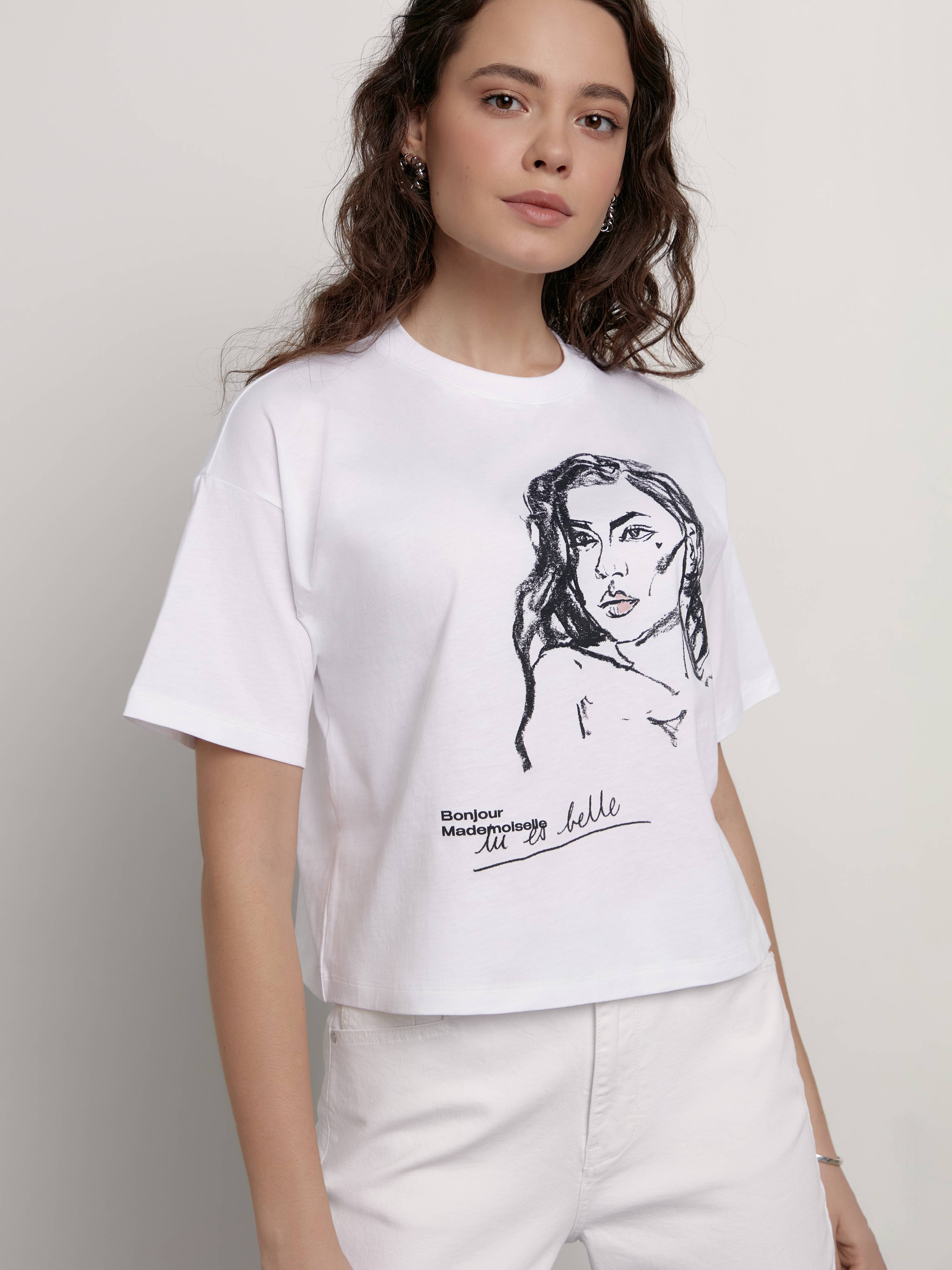 

Джемпер женский ⭐️ Укороченная футболка свободного кроя с рисунком «Bonjour» LD 2264 ⭐️, White
