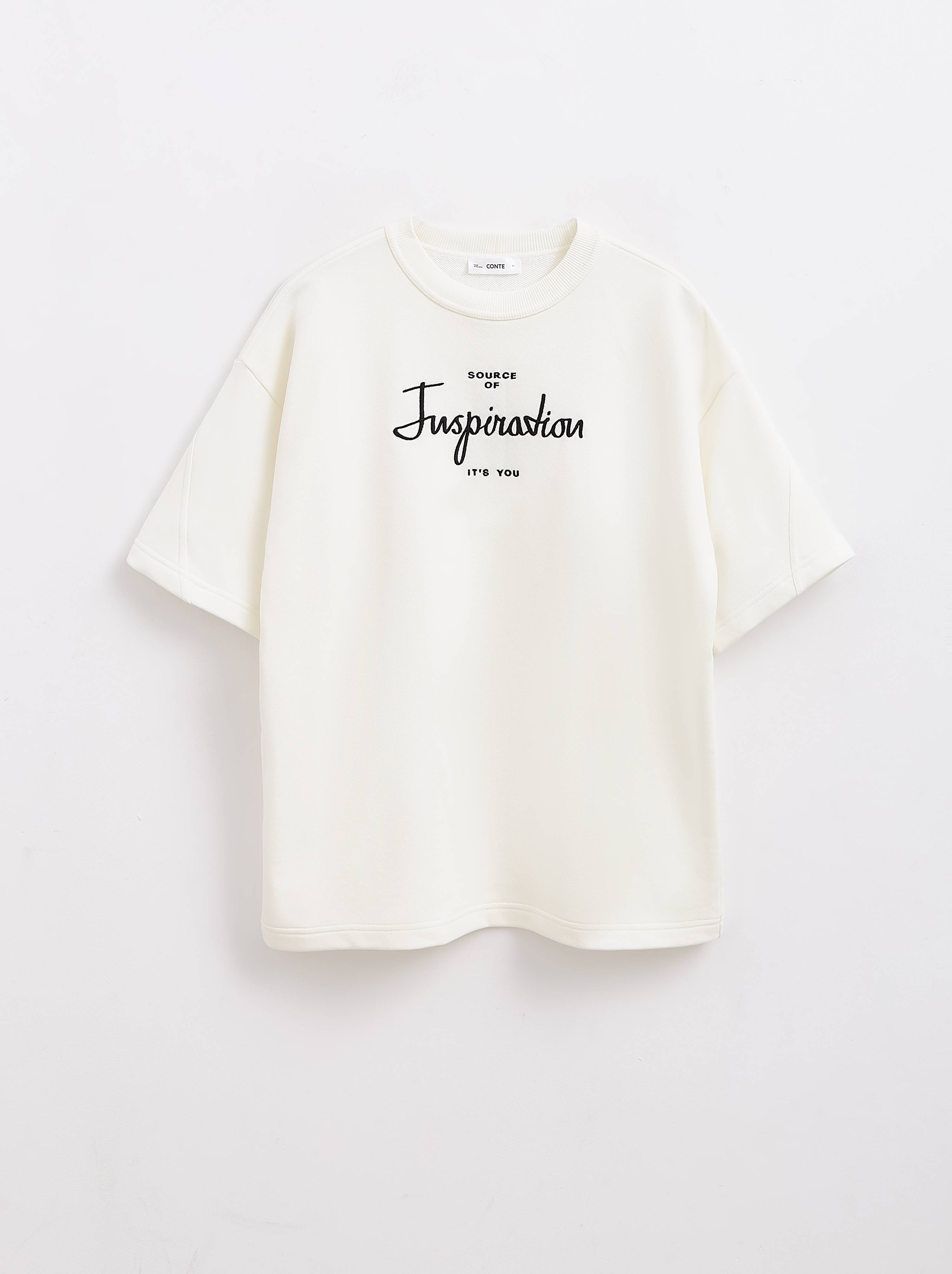 

Джемпер женский ⭐️ Удлиненная футболка из футера с вышивкой «Inspiration» LD 2446 ⭐️, Off-white