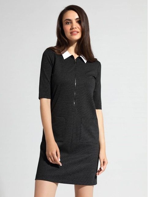 

Платье с металлической молнией и воротником LPL 1056, Black melange, Платье женское ⭐️ Платье с металлической молнией и воротником LPL 1056 ⭐️