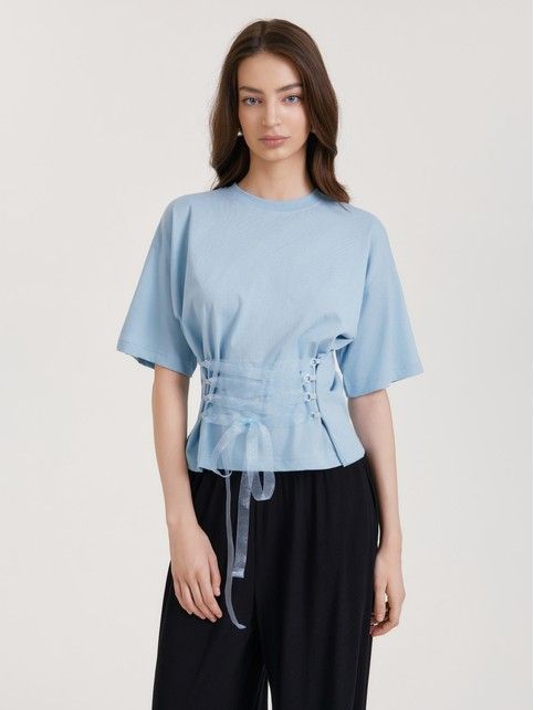 Хлопковая футболка со шнуровкой по переду LD 3445 - купить в интернет-магазине Conte