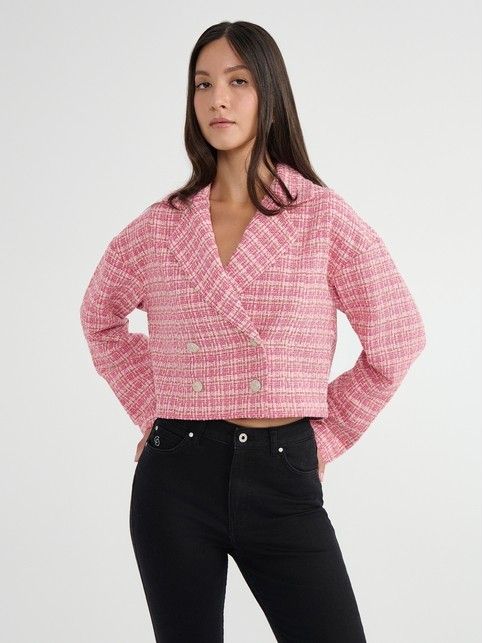 Укороченный двубортный розовый жакет из твида LJ 2902