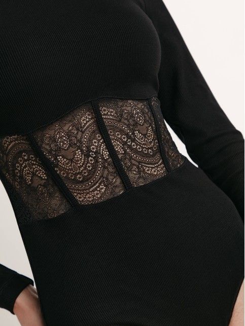 Боди в рубчик с имитацией корсета и кружевом LBD 2071