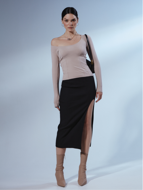 Юбка-карандаш в рубчик с глубоким вырезом LU 2075