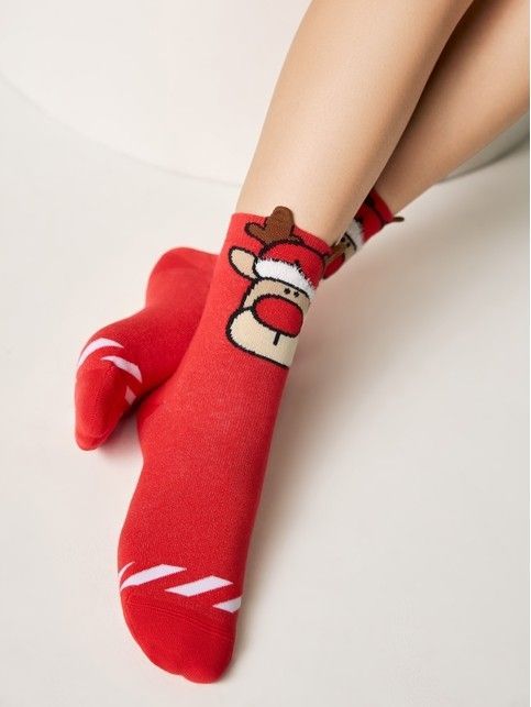 Новогодние женские носки с пикотом «Рудольф»