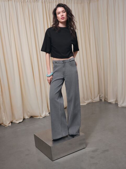 Джинсы wide leg серого цвета с декоративными патами CON-837 - купить в интернет-магазине Conte