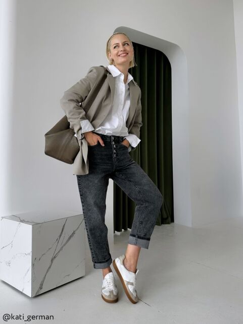 Джинсы mom на пуговицах из денима оксидной варки CON-607 - купить в интернет-магазине Conte