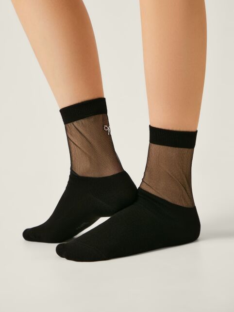 Хлопковые носки со вставкой из прозрачной сетки и стразами в форме бантика - купить в интернет-магазине Conte