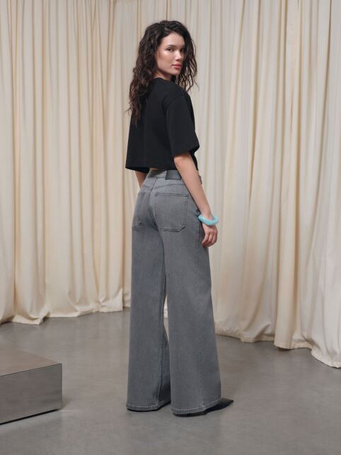 Джинсы wide leg серого цвета с декоративными патами CON-837 - купить в интернет-магазине Conte