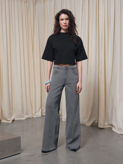 Джинсы wide leg серого цвета с декоративными патами CON-837 - купить в интернет-магазине Conte