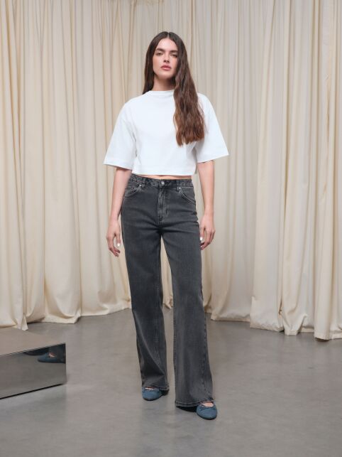 Чёрные джинсы wide leg с эффектом потёртостей и двойными шлёвками CON-802 - купить в интернет-магазине Conte